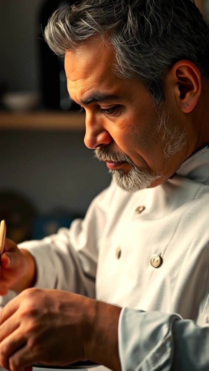 A photorealistic close-up of Omar preparing a dish, capturing his focused and passionate expression, with warm natural lighting highlighting details in the kitchen, smooth camera movement emphasizing his hands, in a cozy, well-lit kitchen setting. The background features subtle kitchen details. The audio features gentle ambient kitchen sounds.