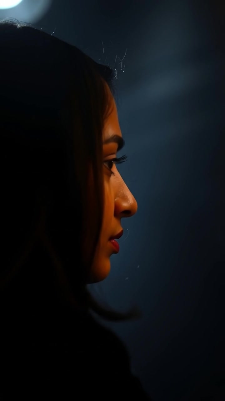 A shadowy figure of Priya gazing into the distance, deep in thought, contemplating reality versus illusion. Natural lighting with high detail, smooth camera movement, and a mysterious atmosphere, set against a softly blurred background. The audio features a gentle ambient hum with subtle wind sounds.