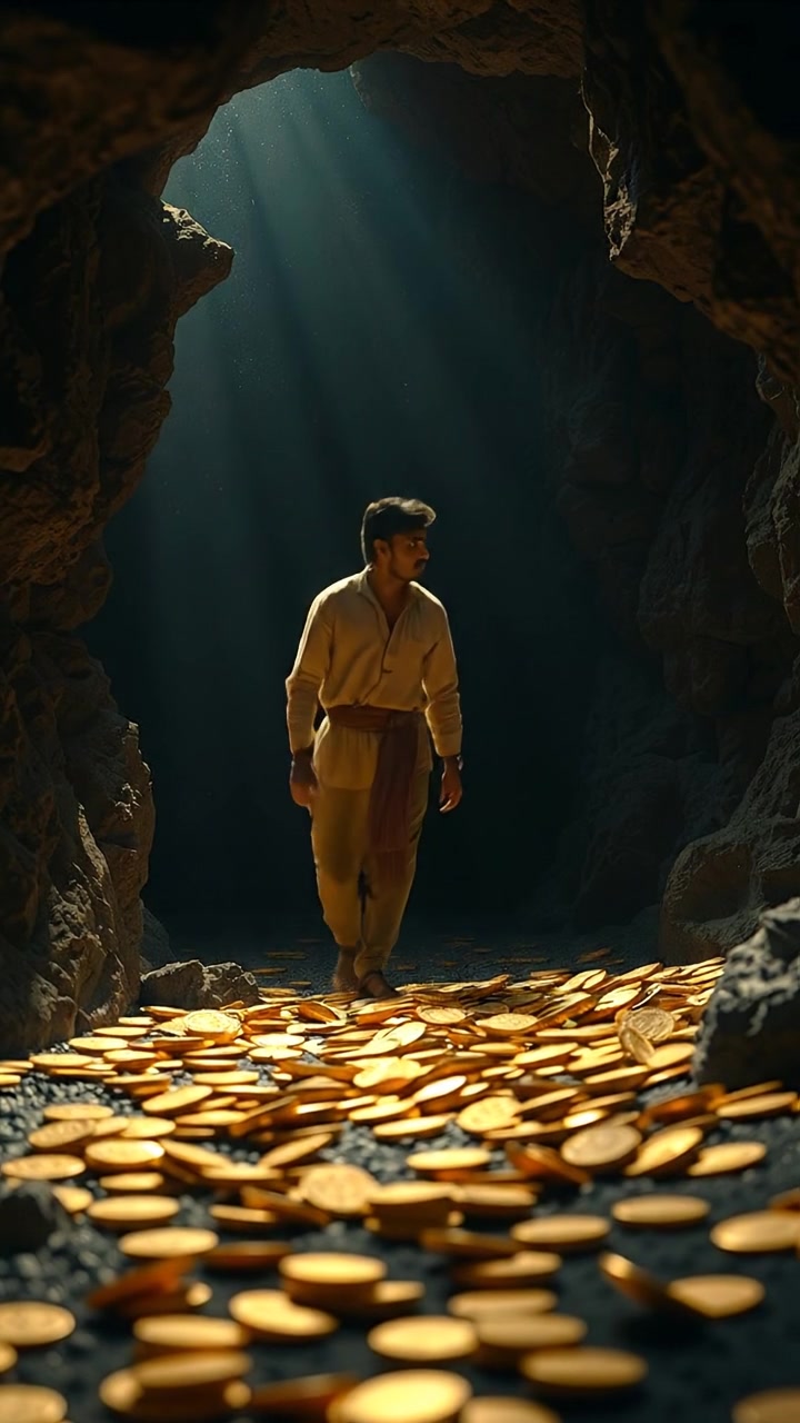 Photorealistic image of Amir entering a dimly lit cave filled with shimmering treasures and scattered gold coins, captured with smooth camera movement and natural lighting that casts soft shadows, emphasizing the dazzling gold. The background features a mysterious and treasure-filled cavern. The audio features faint dripping water and ambient cave sounds.
