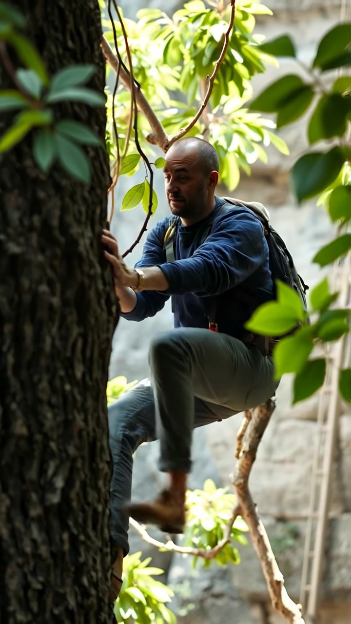 A photorealistic image of Carlos cautiously climbing down a tree, glancing towards a distant rock face. Natural lighting highlights detailed textures of the bark and foliage, with a smooth camera tilt capturing the moment. Soft ambient sound of rustling leaves and distant bird calls enhances the serene outdoor setting.