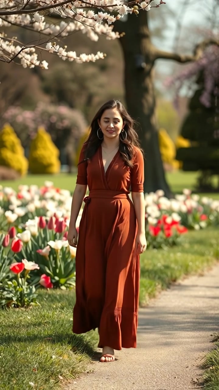 Photorealistic image of Maya taking a slow step in a lush park, surrounded by blooming flowers and vibrant trees, captured with smooth camera movement and natural lighting, emphasizing high detail and soft shadows. The background features a serene, sunny day with gentle breezes; the audio features birdsong and rustling leaves.