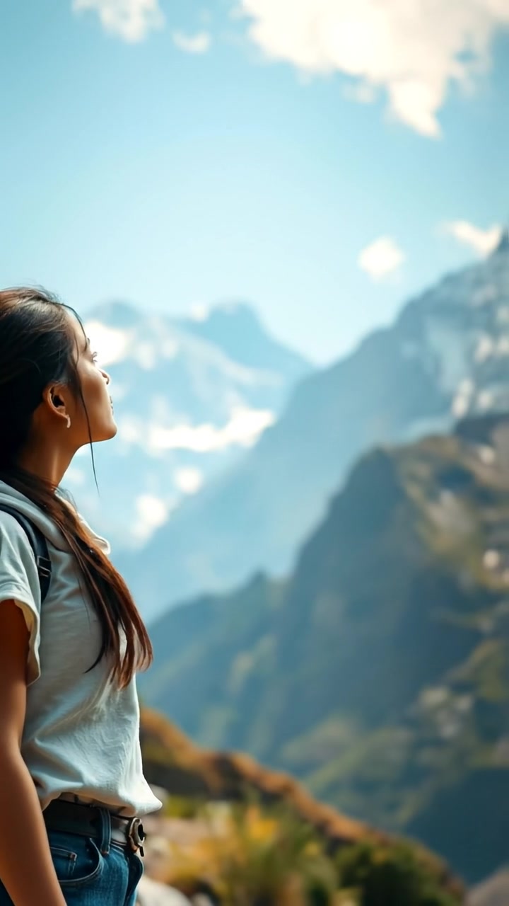 A photographic image of Mei standing at the foot of a towering mountain, gazing upward with determination. Natural lighting highlights her focused expression, with smooth camera movement emphasizing the vast mountain landscape behind her. Soft shadows and warm tones create an inspiring atmosphere. The background features gentle wind sounds.