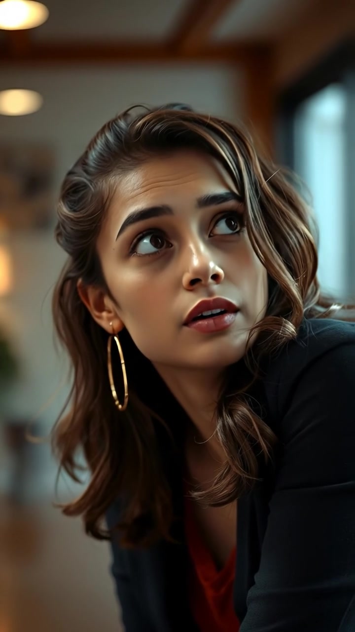 Photorealistic image of Maya leaning forward with a curious and concerned expression, her head tilted, captured in natural, soft lighting with high detail. The scene features a smooth camera tilt shot emphasizing her emotional expression against a neutral background. The audio features subtle ambient sounds.