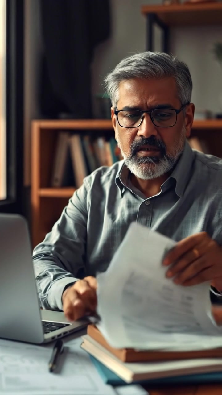 Photorealistic image of Raj sitting at a cluttered desk with papers and a laptop, looking stressed as he reviews a report. Natural lighting with soft shadows, high detail, smooth camera zoom-in focusing on his frustrated expression. Background ambient office sounds.