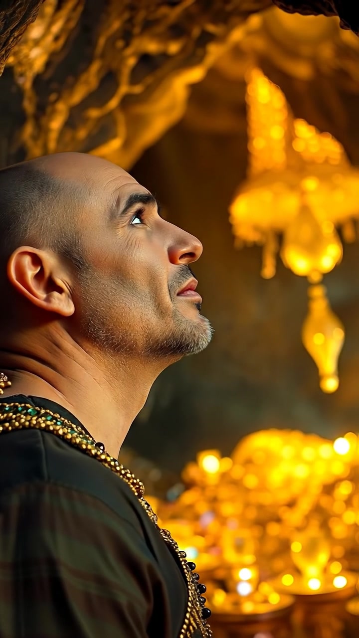 A photorealistic image of Carlos inside a glittering treasure-filled cave, shimmering with gold and jewels, with a look of amazement. Natural lighting highlights the sparkling treasures and rugged cave walls. Smooth camera movement captures the awe-inspiring scene. The background features ambient drip sounds of dripping water.