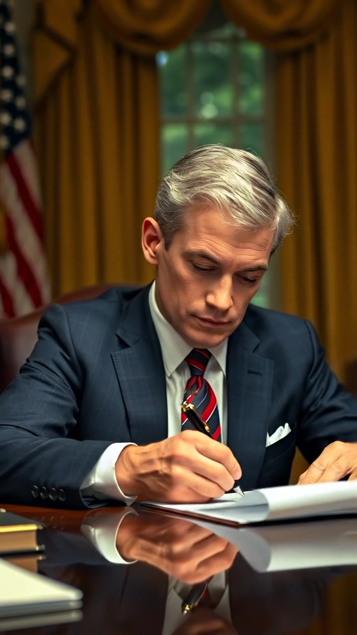 Photorealistic image of Ryan in the Oval Office, signing a document with a stern expression, illuminated by natural sunlight streaming through windows, high detail with smooth camera motion, ambient soft shadows and warm tones. The background audio features quiet office sounds and subtle background murmurs.