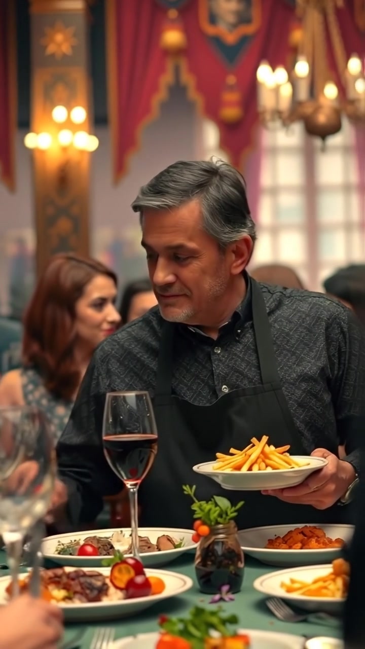 A vibrant banquet scene in photographic style, bustling with guests enjoying a lavish feast, featuring daring dishes expertly prepared by Omar. The scene is illuminated by warm, natural lighting with smooth camera movement, capturing lively interactions. The background audio features cheerful ambient chatter and clinking dishes.