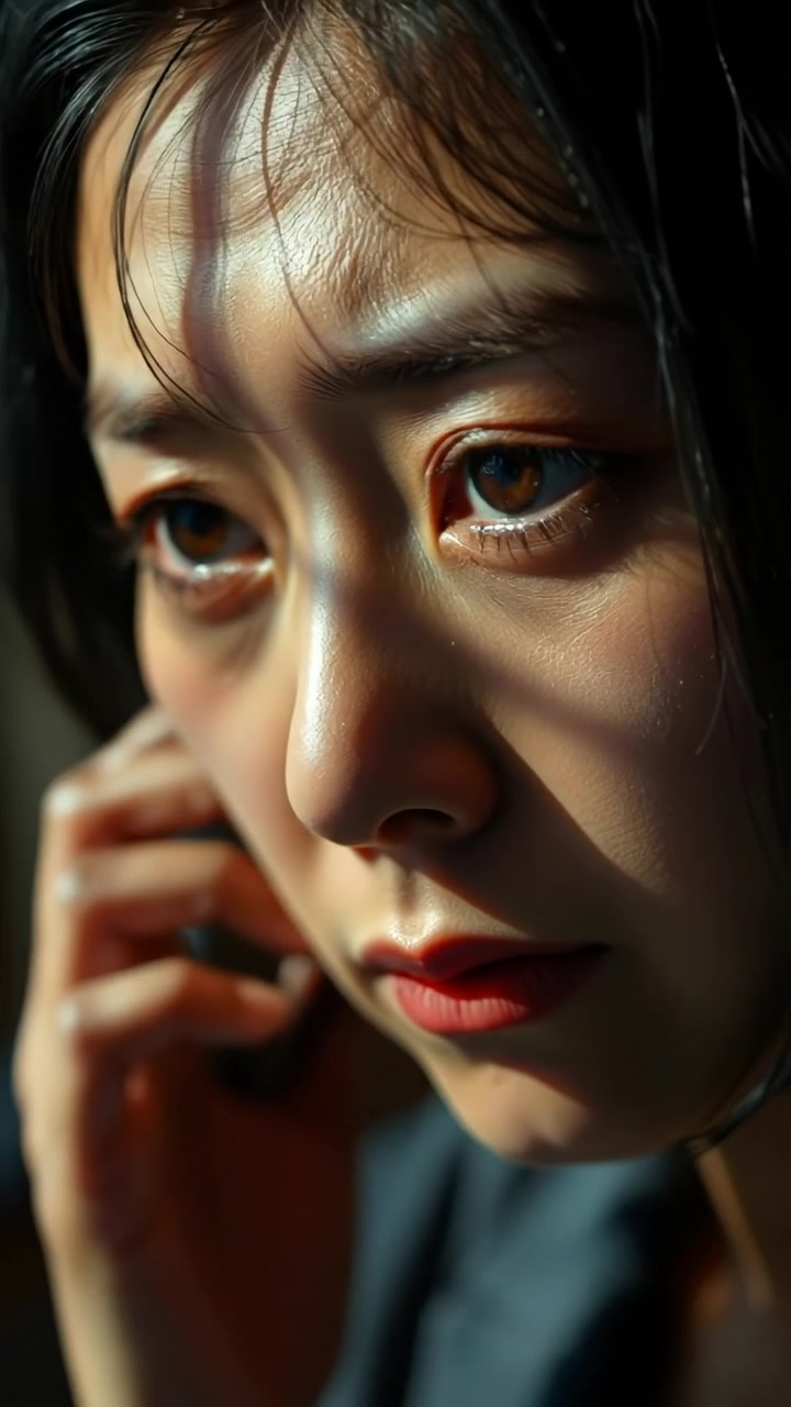 A close-up of Li's shadowed face with tears reflecting silent sadness, captured in a highly detailed, photorealistic style. Gentle natural lighting highlights her emotional expression, with smooth camera focus on her eyes. The background features soft bokeh. The audio features quiet, somber piano music.