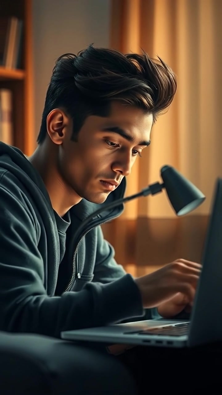 A photorealistic image of Arjun intensely watching educational videos on a laptop, illuminated by screen light in a cozy room, highlighting concentrated expression and detailed surroundings. Natural lighting with soft shadows, subtle camera focus on his face, and a warm, inviting ambiance. The audio features gentle tapping and ambient room sounds.