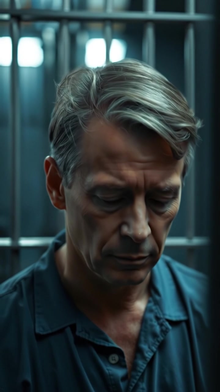 Photorealistic image of a person in a prison cell, looking sad, with dim, cold lighting and high detail. The camera slowly zooms in to emphasize emotion, with a stark, bleak background. The scene is quiet and somber, with soft shadows. The audio features muffled prison ambient sounds.