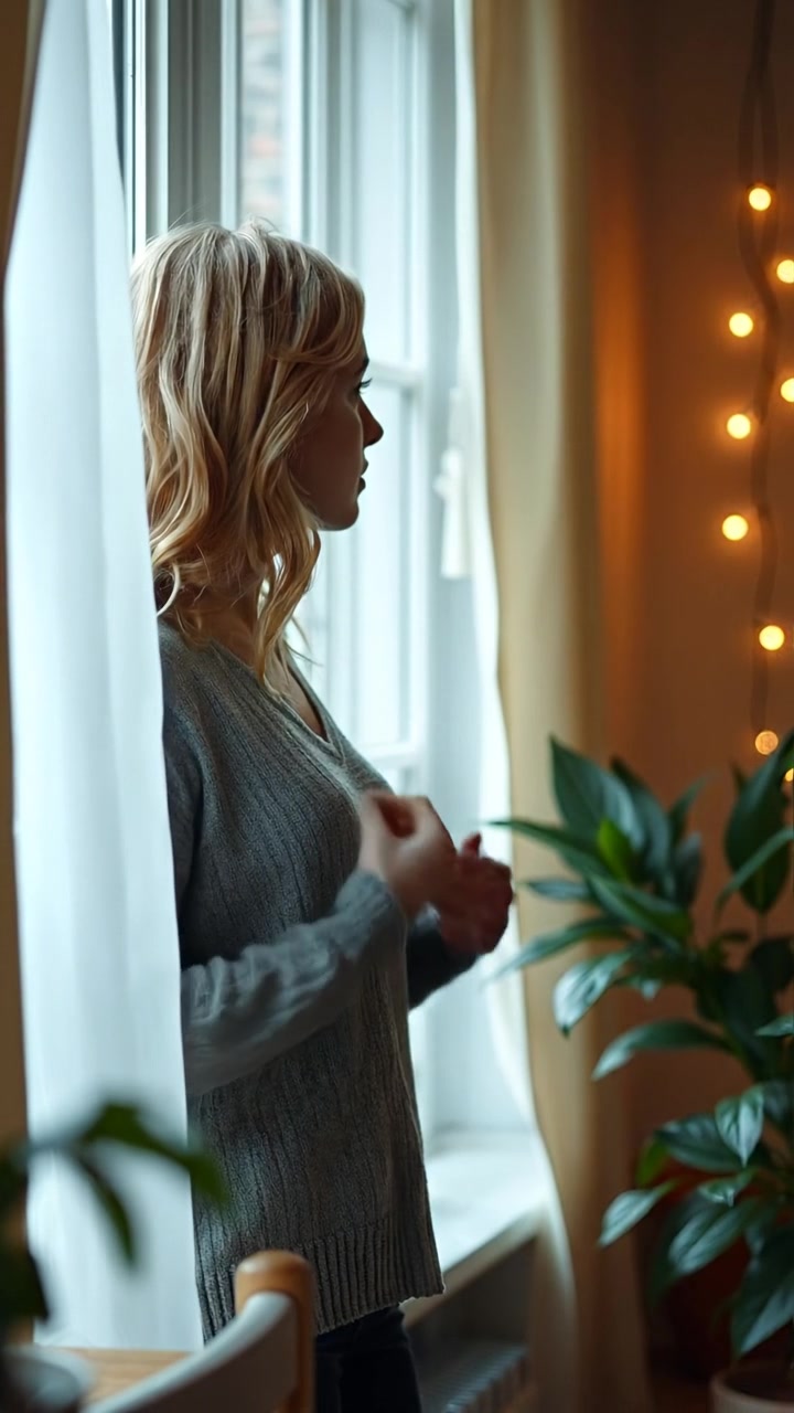 A photorealistic image of Ashley standing by a window in her cozy home, gazing thoughtfully outside. Natural warm lighting bathes the scene, highlighting rich textures and soft shadows. A gentle breeze stirs sheer curtains. The background audio features calming ambient sounds.