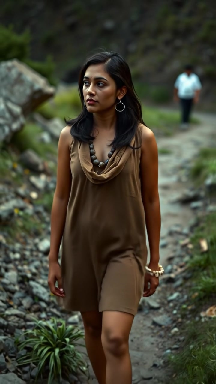 Photorealistic wide shot of Priya standing on a rugged path with a determined expression, captured with natural lighting and high detail. Smooth camera movement emphasizes her confident stance amid a wild, untouched landscape under a cloudy sky. The background audio features ambient forest sounds.