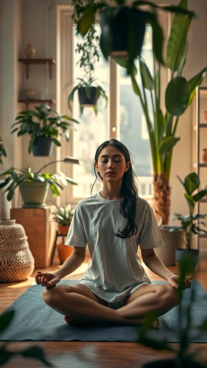 A young woman meditating on a mat in a peaceful room filled with lush plants, bathed in warm, natural light, with a high level of detail and smooth camera movement. Soft shadows create a calming ambiance, capturing a serene, photorealistic scene. The background features gentle ambient sounds of nature.