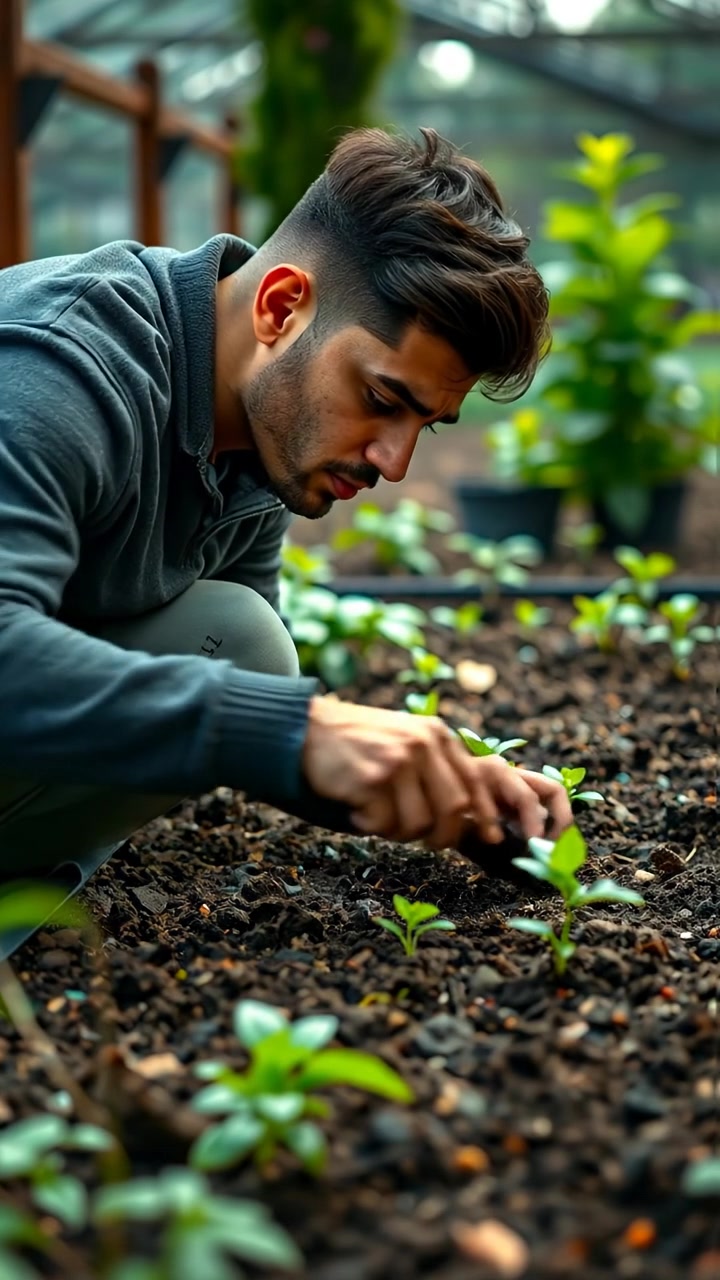A photographic image of Amir planting seeds in a small garden, focused and determined, with natural lighting and lush greenery around. The camera captures a smooth, close-up shot emphasizing concentration, with warm tones and soft shadows. The background features a serene garden setting. The audio features gentle garden sounds.