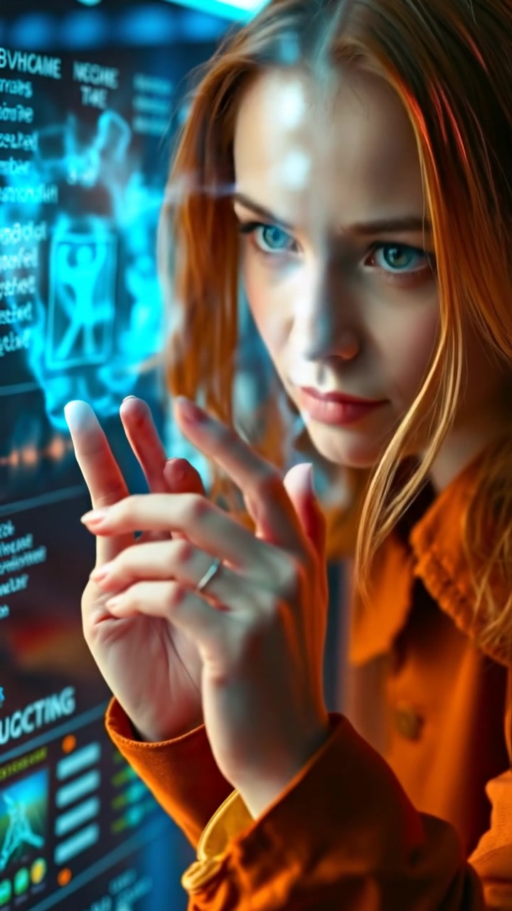 A close-up of Emma's hands manipulating holographic displays in a photorealistic style, with sparks of electricity illuminating the scene. The lighting is ambient and dynamic, with a subtle glow highlighting the intricate details of her fingertips. Smooth camera motions emphasize her focus. The background features a high-tech lab setting. The audio features faint electrical crackles and futuristic sounds.