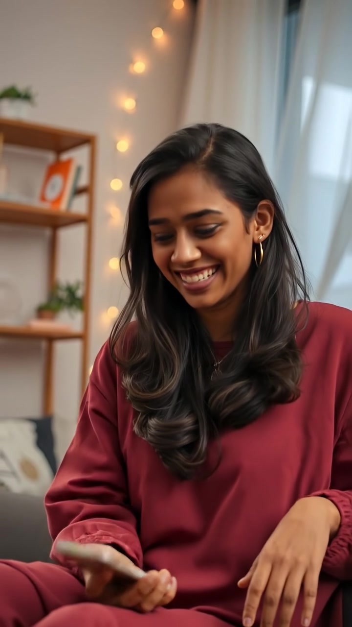 Photorealistic image of Priya laughing nervously in her living room, holding her phone, with warm natural lighting and soft shadows. The scene captures her surprised expression, with a cozy, well-lit background featuring modern furniture. The camera employs smooth motion, creating an intimate atmosphere. The audio features subtle indoor ambient sounds.