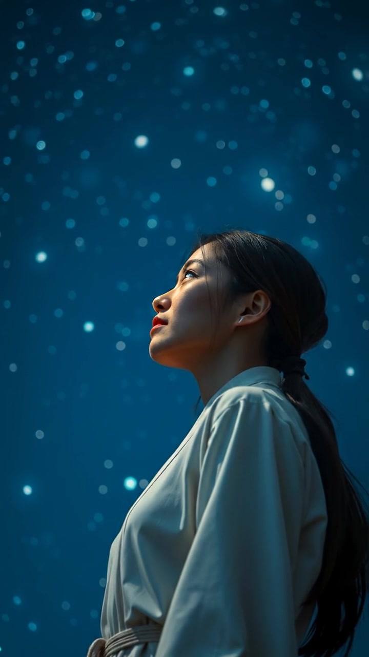 A photograph of Mei standing beneath a starry night sky, her expression serene and contemplative, illuminated gently by natural moonlight, with a soft, tranquil ambiance. The background features a vast, shimmering cosmos, evoking a peaceful and introspective mood. The audio features subtle nighttime sounds.