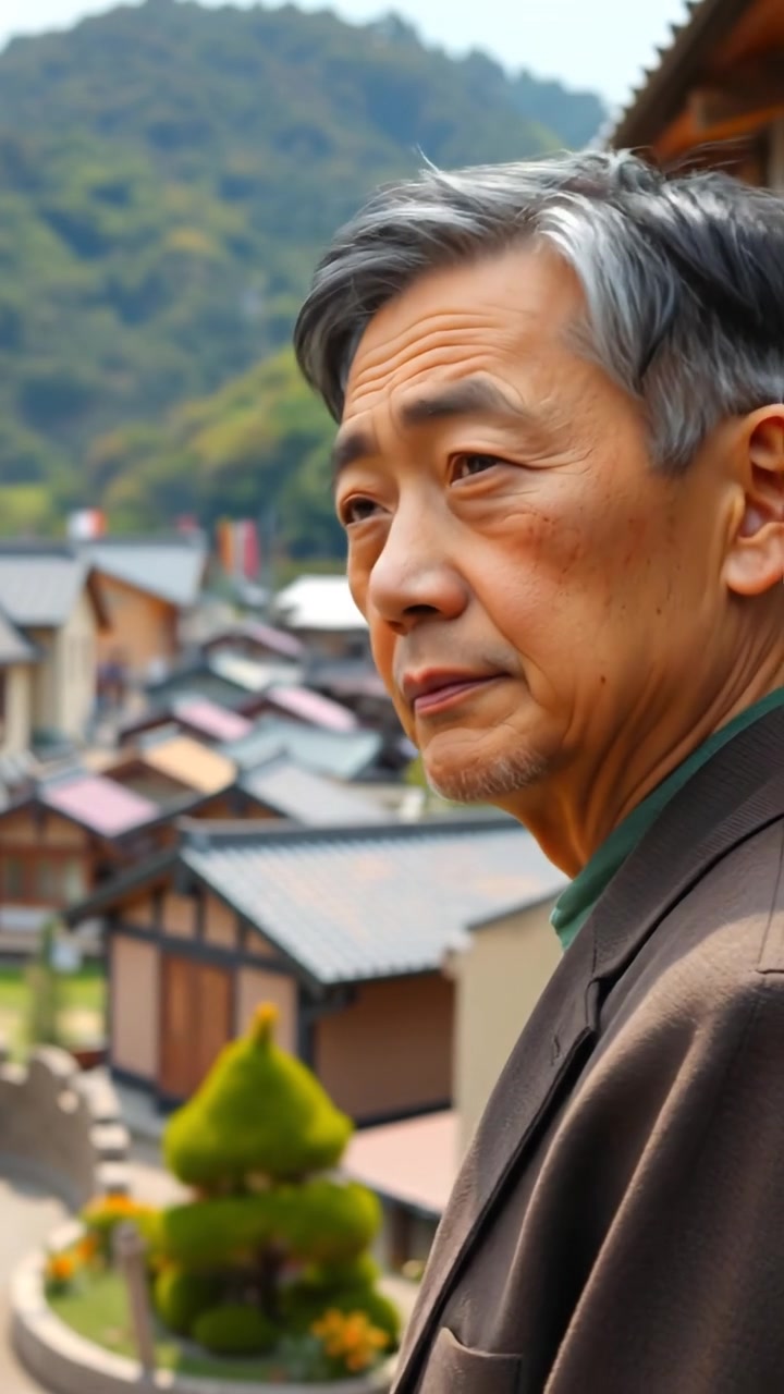 A photorealistic image of Hiro's traditional Japanese house nestled in a scenic village, captured with natural lighting, high detail, and smooth camera movement showcasing the serene surroundings. Soft shadows and a peaceful atmosphere dominate. The background features a lush landscape under an overcast sky. The audio features gentle wind sounds.