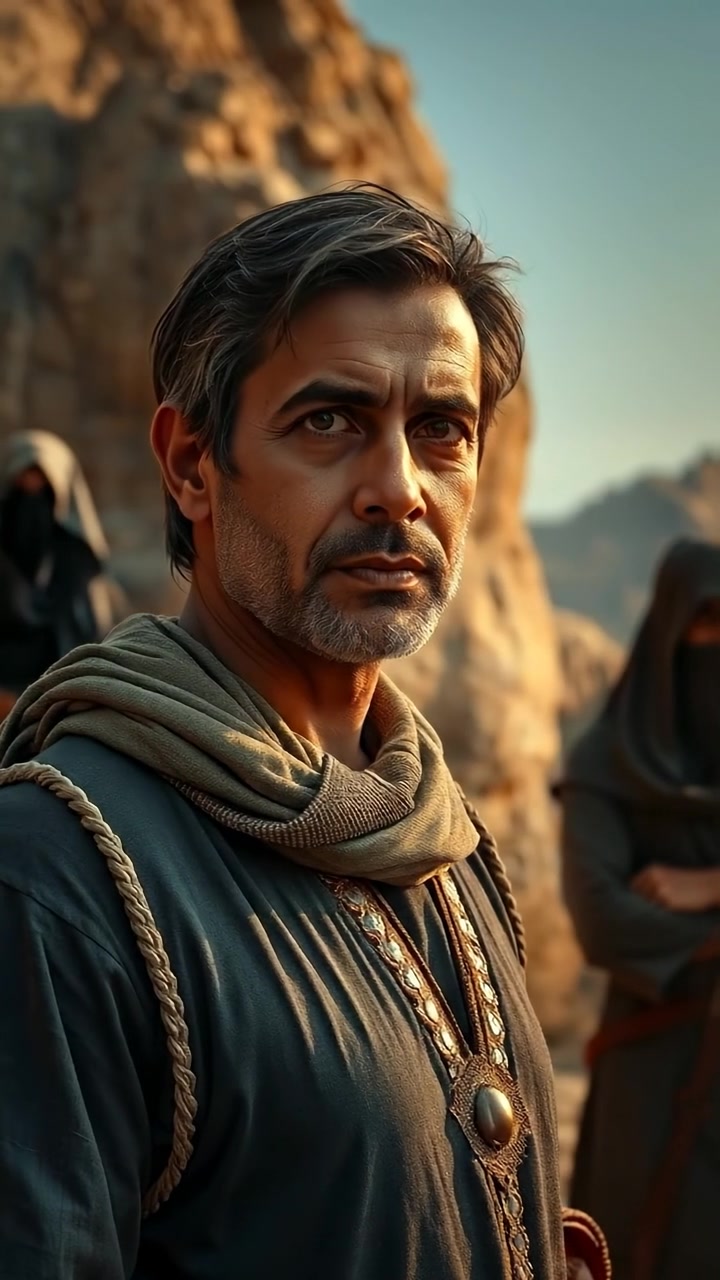 A photographic scene of Omar standing confidently before a large rock, poised to give a command, with a group of thieves lurking behind him. The setting features natural lighting and high detail, with a dynamic camera angle capturing the tense moment. Soft shadows and warm tones evoke a dramatic atmosphere. The audio features ambient outdoor sounds.
