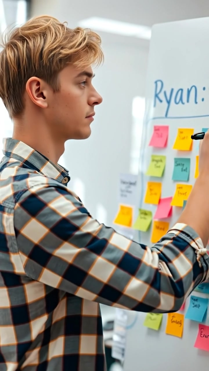 A photorealistic image of Ryan standing in a modern office, focused on a large whiteboard filled with colorful sticky notes and diagrams, illuminated by soft natural lighting. The camera captures a close-up with smooth movement, highlighting his thoughtful expression. The background features sleek furniture and large windows, with ambient office sounds.