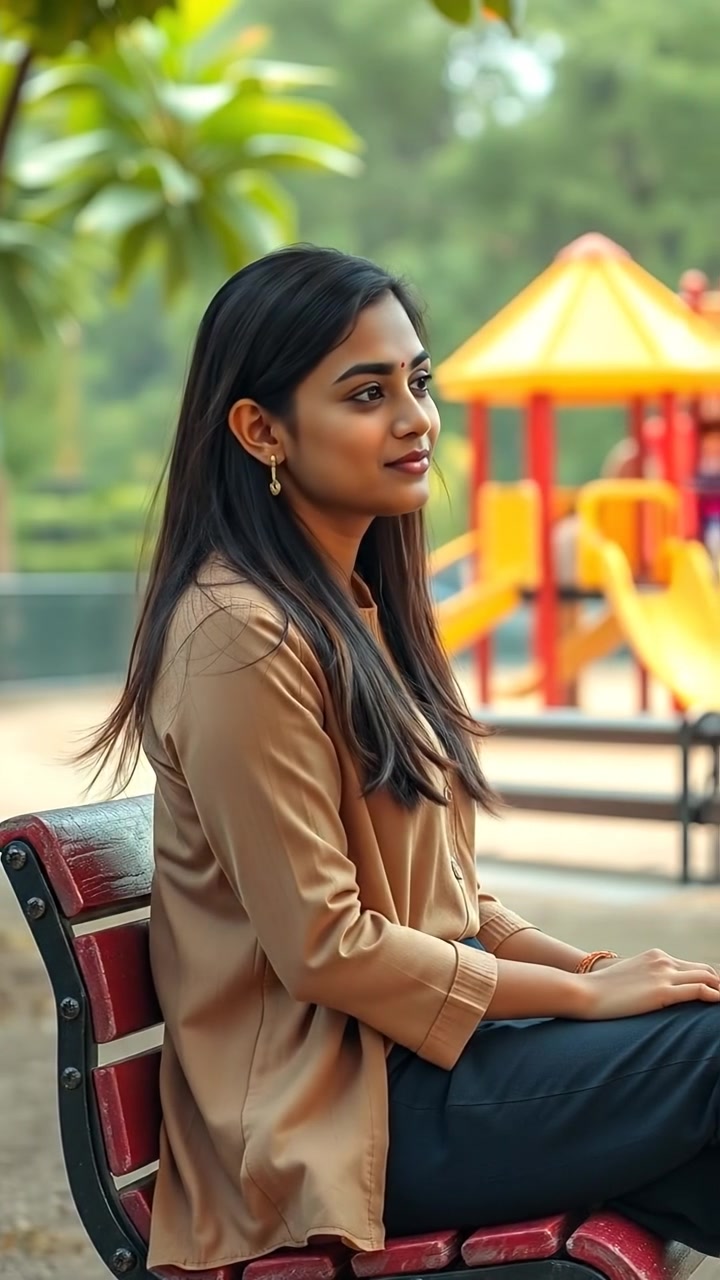 A photorealistic scene of Priya sitting on a park bench, gazing thoughtfully at a vibrant children's playground filled with joyful laughter. Natural lighting with soft shadows, gentle camera focus on Priya and the lively background, conveying a serene and reflective mood. The audio features distant children's laughter and gentle park sounds.