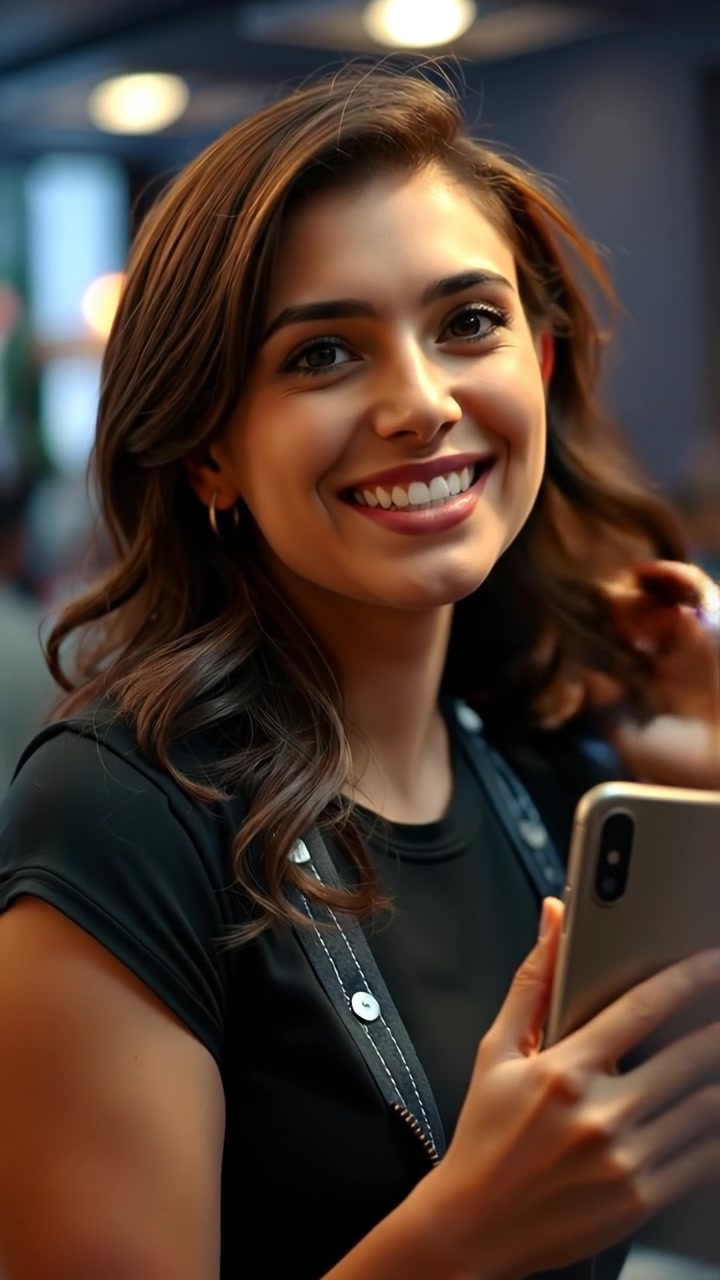 A photorealistic image of Laila smiling confidently at the camera, engaging with the audience under natural lighting, with a smooth camera zoom in and warm tones that emphasize her bright expression. The background features a softly blurred outdoor setting, and gentle ambient sounds of a bustling outdoor environment play in the background.