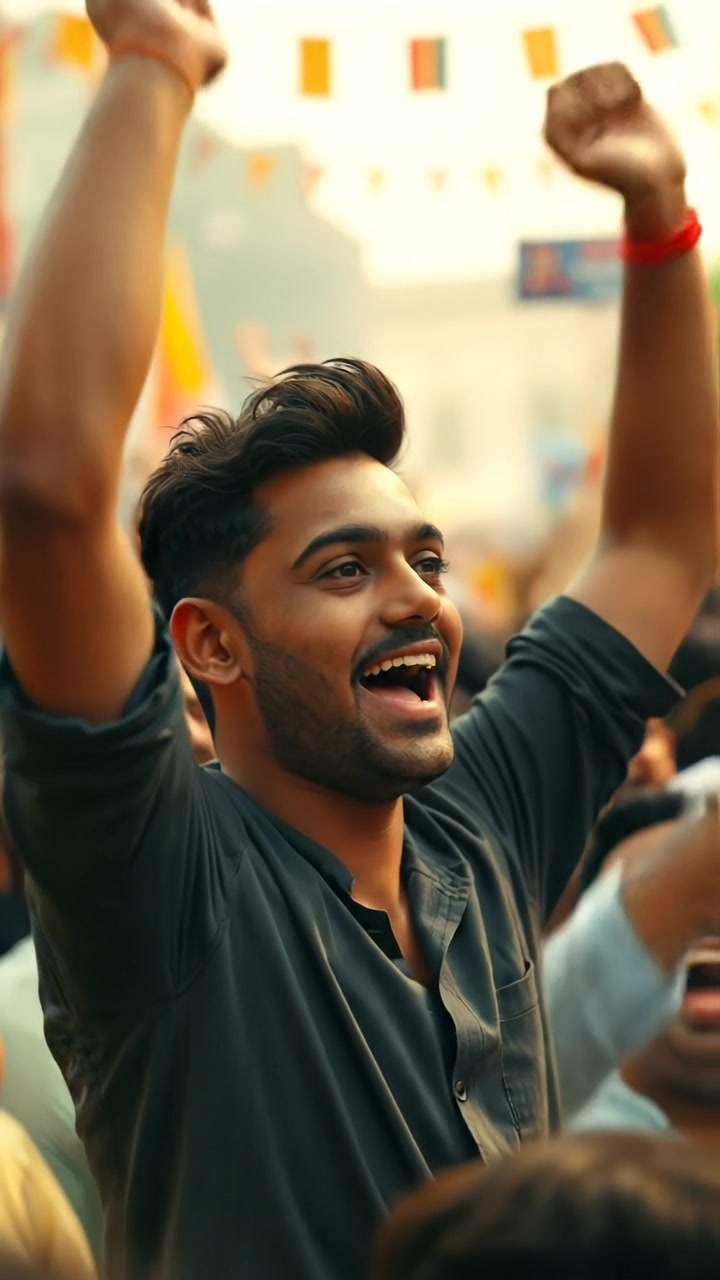 A close-up of Arjun celebrating with arms raised high amidst a jubilant crowd, in a vibrant, photographic style. The scene features natural lighting, high detail, and smooth camera movement to emphasize the joyful atmosphere. The background audio features cheering and clapping sounds.