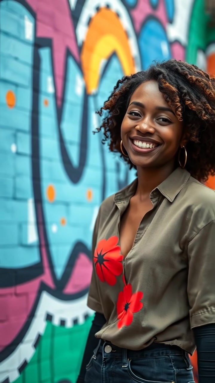 A photographic image of Nia standing in front of a vibrant street mural, smiling happily. The scene is bathed in natural lighting with high detail, capturing a smooth camera dolly shot that emphasizes the colorful background. The background audio features lively urban sounds and distant city chatter.