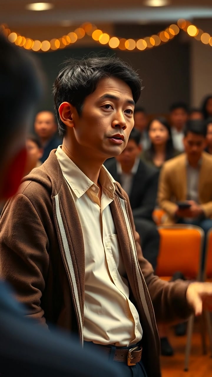 A photographic image of Hiro standing confidently before an audience, delivering a presentation. The scene features natural lighting with soft shadows, a focused camera capturing his expressive gestures, in a professional conference setting. The background audio features subtle ambient sounds of the audience and presentation materials.