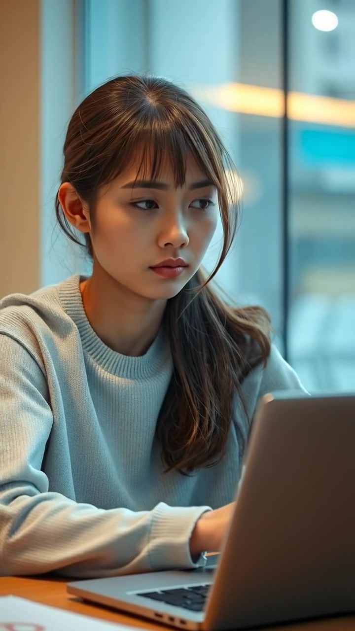 A photorealistic image of Mei looking conflicted, gazing thoughtfully at her laptop. The scene is softly lit with natural light, capturing high detail and smooth camera focus. The background is subtly blurred, emphasizing her emotional expression. The audio features gentle ambient sounds.