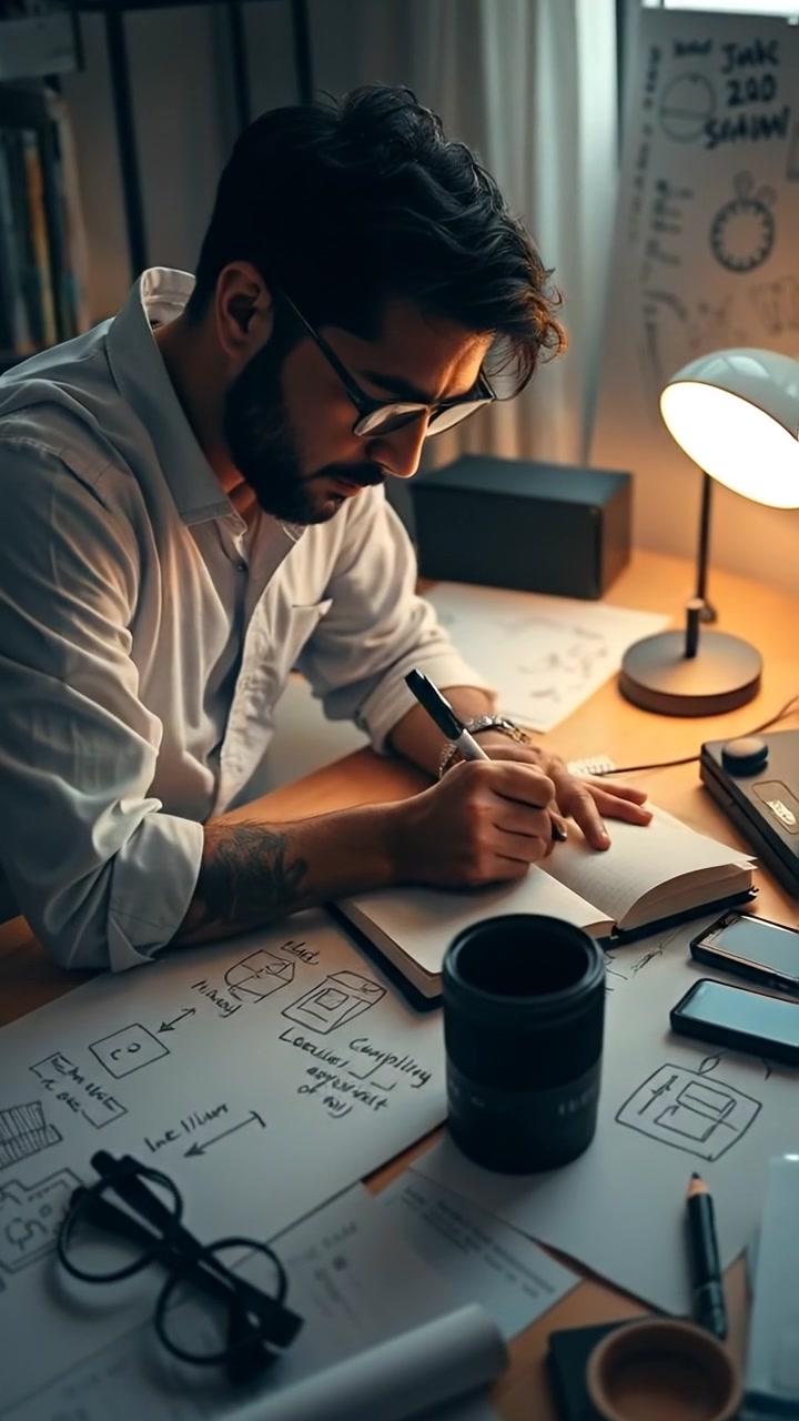 A photorealistic scene of The Amir writing in a notebook at a cluttered desk with sketches and ideas spread out, illuminated by soft natural light. The camera slowly zooms in with smooth motion, capturing the detailed workspace and the contemplative mood. The background features gentle ambient sounds of a quiet study.