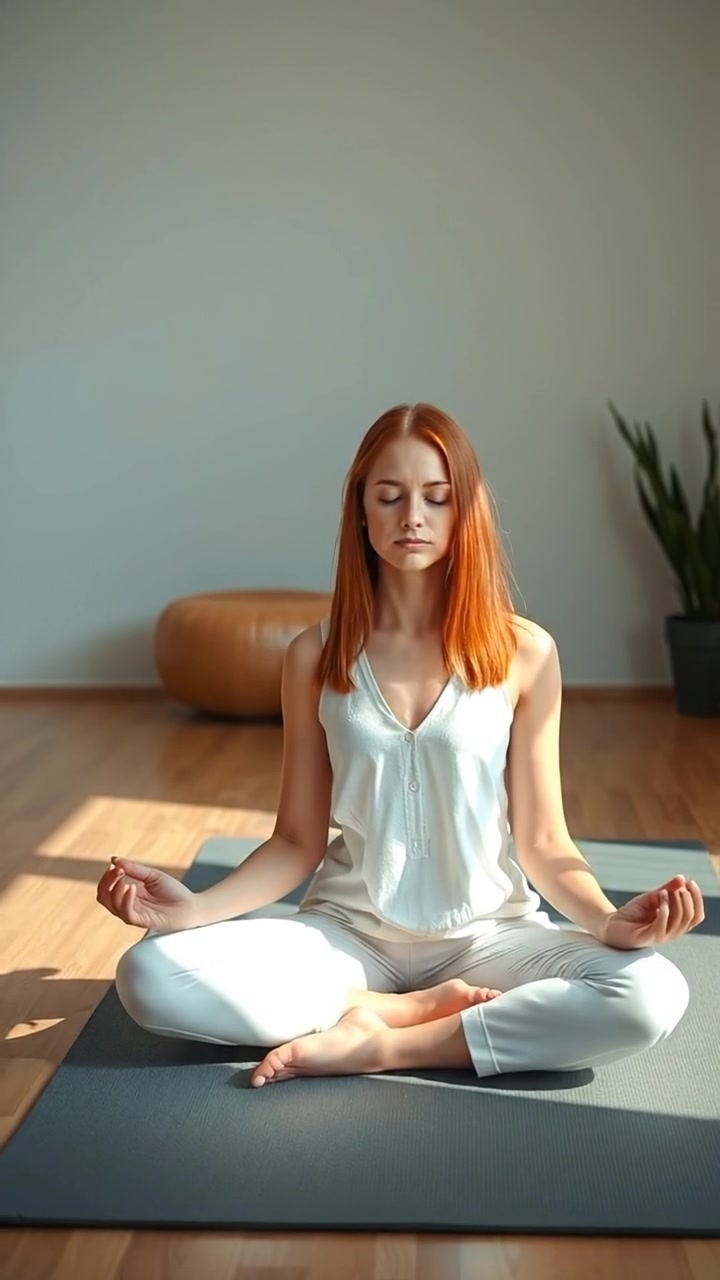 Photorealistic image of Emma sitting cross-legged on a mat, practicing deep breathing in a tranquil, softly lit room with warm tones and gentle shadows. Smooth camera movement captures her serene expression and relaxed posture. The background features minimalistic décor, enhancing the peaceful ambiance. The audio features calming ambient sounds.