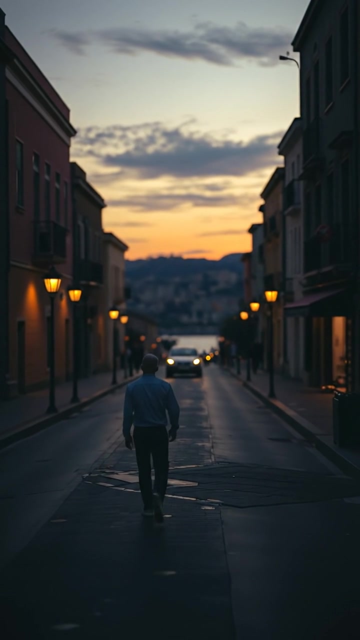 A lonely street at dusk with Carlos walking away into the distance, captured in a photorealistic style. The scene features warm fading light, soft shadows, and smooth camera movement following Carlos’ departure. Background sounds of evening city ambience and distant footsteps complete the mood.