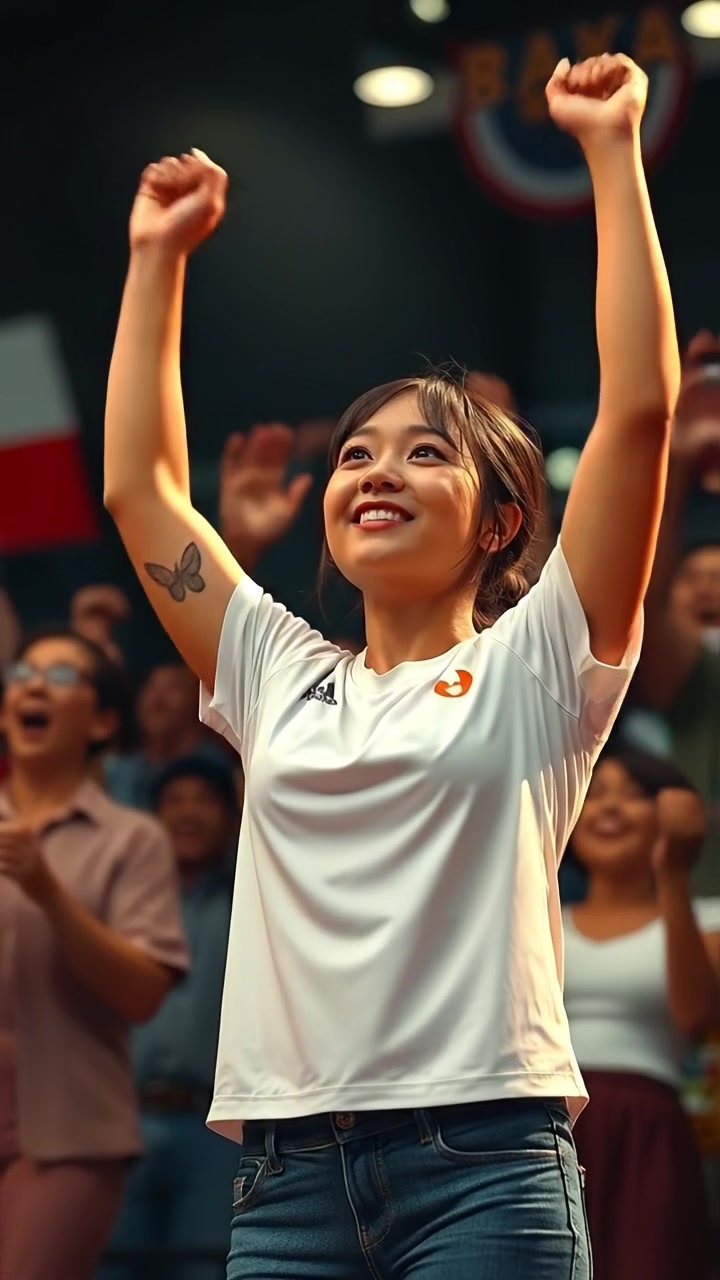 A photographic image of Mei raising her arms in triumph amid a crowd of jubilant fans cheering loudly, captured with vibrant natural lighting, high detail, smooth camera motion, conveying an energetic and celebratory atmosphere, with warm tones and soft shadows. The audio features cheering and applause in the background.