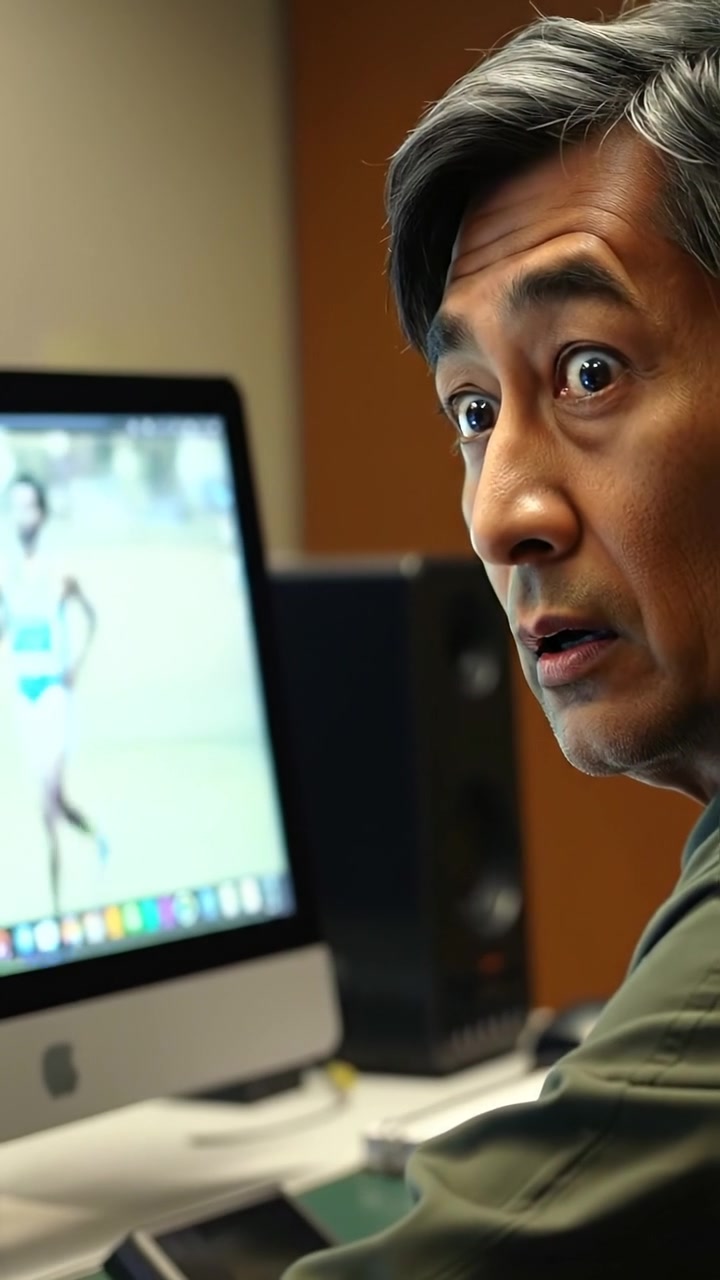 Photorealistic image of Hiro gazing in disbelief at a computer screen displaying a random image instead of a mantra, ambient indoor lighting casting soft shadows, with a focus on facial expressions and screen details, smooth camera zoom-in, subtle depth of field. The audio features soft ambient computer sounds.