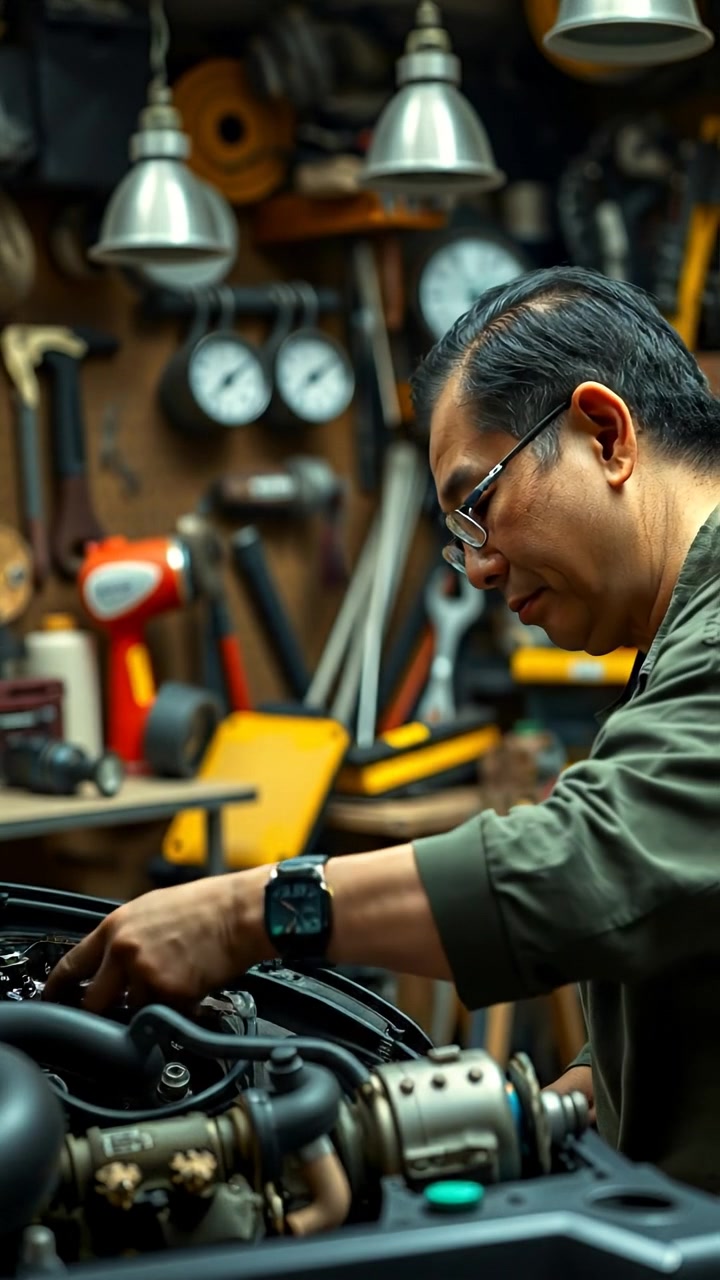 A photorealistic image of Hiro working diligently on a car engine in a cluttered workshop filled with various tools. Natural lighting highlights the detailed mechanics and tools, with a subtle depth of field and smooth camera movement capturing the focused atmosphere. The background features ambient workshop sounds with faint background noise of tools clinking.