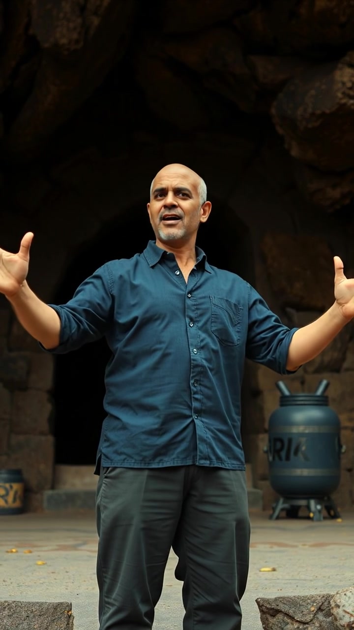 A photorealistic image of Carlos standing dramatically in front of a dark cave entrance, gesturing passionately as if commanding 'Close Sesame!'. The scene is illuminated by natural light, with high detail and smooth camera movement, capturing a cinematic moment. The background audio features gentle cave echoes.