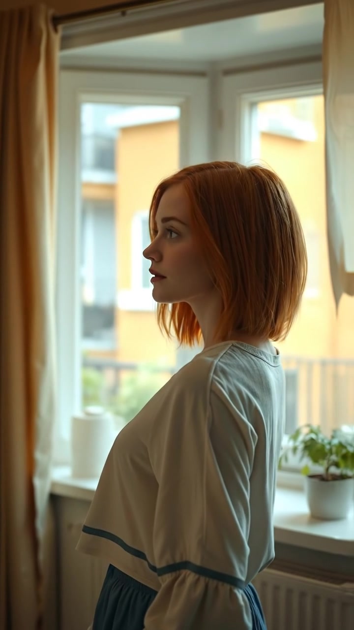 A photographic image of Emma standing in a sunlit room, gazing out of the window with determination, natural lighting casting soft shadows, high detail, smooth camera movement capturing her contemplative stance. The background features warm tones and a tranquil ambiance. The audio features gentle ambient sounds.