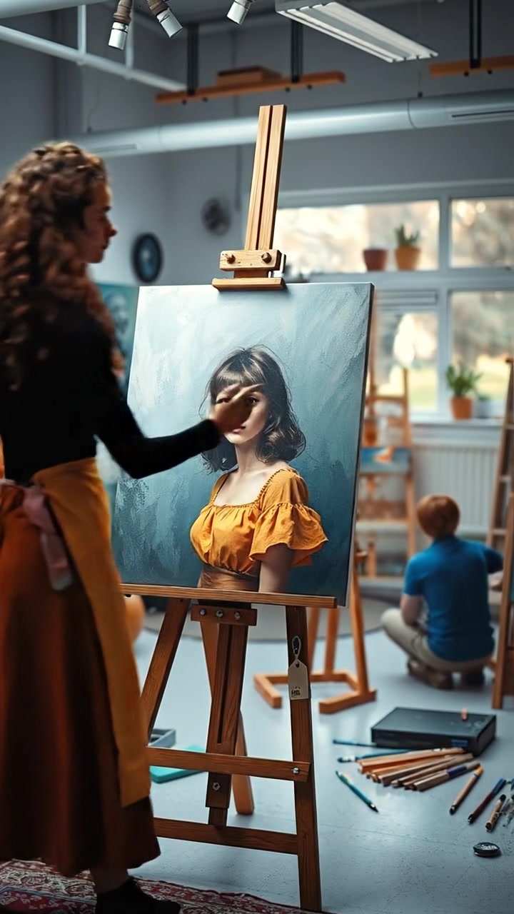 A photorealistic scene of Emma painting on a canvas in a brightly lit art studio, surrounded by vibrant, colorful art supplies. Natural lighting highlights her focused expression, with a smooth dolly shot capturing the artistic environment. The background features various paintings and art tools. The audio features soft background music of mellow instrumental melodies.