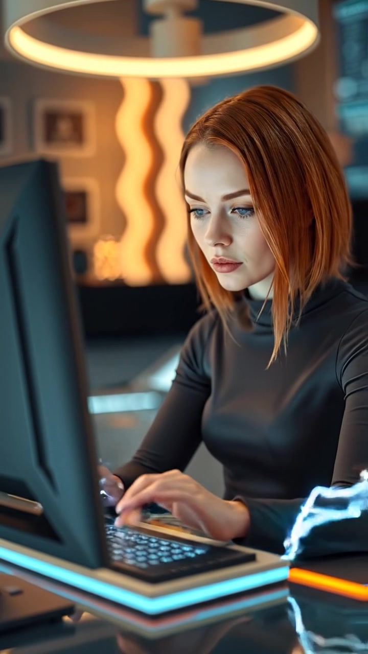 Photorealistic image of Emma sitting at a sleek, futuristic computer with electric sparks dancing around her fingers. The scene is illuminated by cool, ambient lighting with high detail and smooth camera motion, set in a high-tech environment. The background features a dimly lit, modern room. The audio features subtle electronic hums.