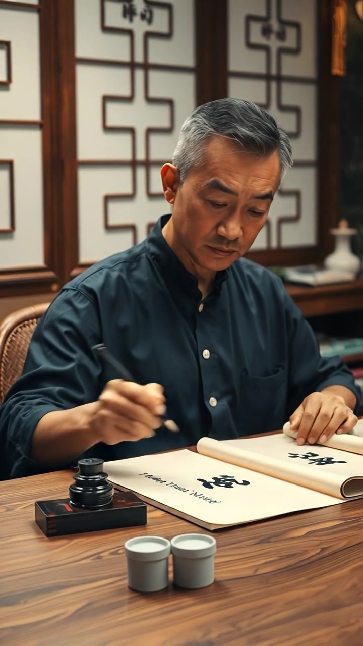 A photorealistic image of Hiro sitting at a wooden table, diligently writing scrolls about philanthropy with a traditional ink pot beside him. Natural lighting creates soft shadows, capturing a warm, peaceful ambiance with high detail. The background features a cozy study. The audio features gentle ambient sounds of a quiet room.