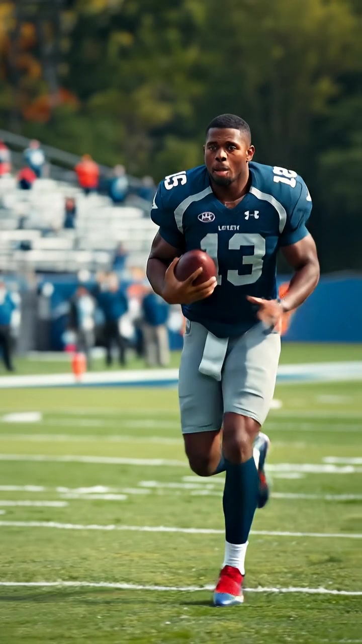 A dynamic, photographic image of Isaiah sprinting across a sports field, clutching a football, showcasing impressive agility and speed. The scene features natural lighting with a slight motion blur to emphasize movement, in a high-detail style. The background has a blurred stadium with cheering spectators, and the audio features energetic crowd noise.