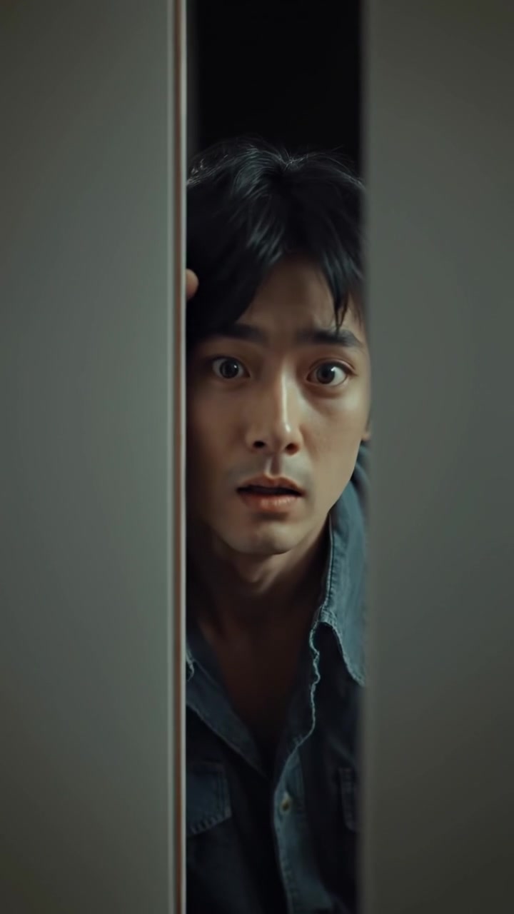 A photorealistic image of Ken peeking out from behind a closed door with a frightened expression, illuminated by soft, warm lighting, capturing subtle shadows for depth, with a shallow depth of field and smooth camera focus. The background features a cozy, dimly lit room. The audio features gentle ambient sounds in the background.