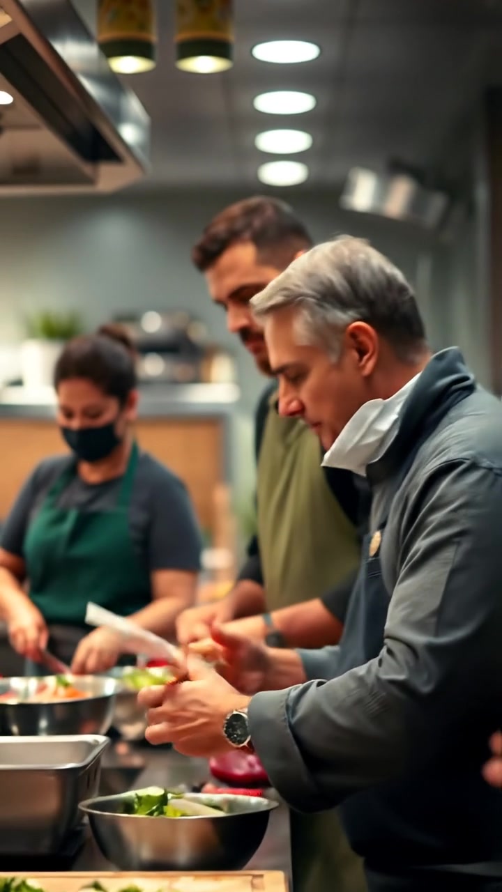 A montage of passionate cooks in a modern kitchen, inspired by Omar's culinary legacy, captured in a photorealistic style with warm ambient lighting, smooth camera movement, and high detail to emphasize lively cooking actions. The background features the sounds of sizzling and chopping, enhancing the vibrant kitchen atmosphere.