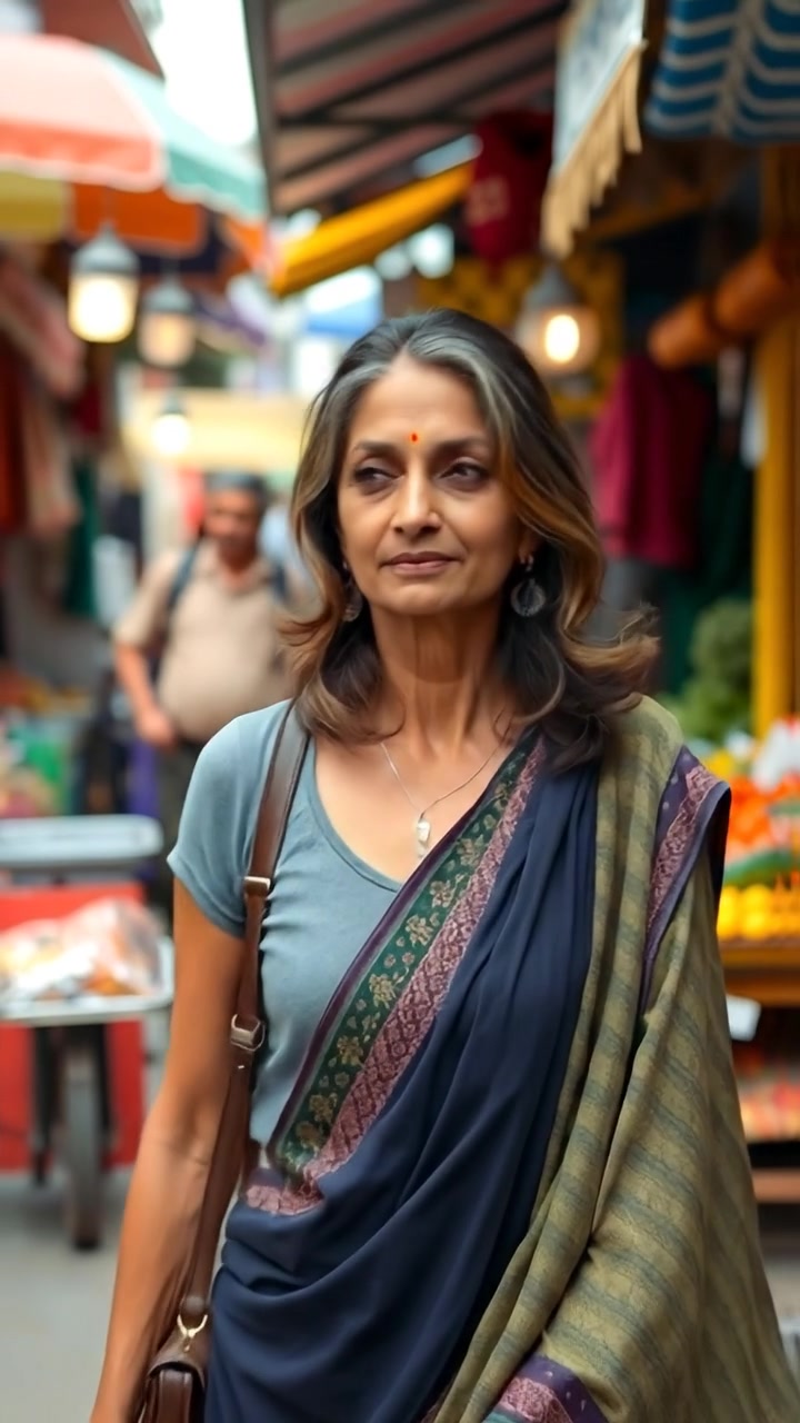 Asha walking through a bustling town market with vibrant stalls and lively vendors, captured in a high-detail, photorealistic style. Natural daylight illuminates the scene with soft shadows, smooth camera movement following her as she explores. The background features a lively market atmosphere with local textures. The audio features ambient market sounds with distant chatter.
