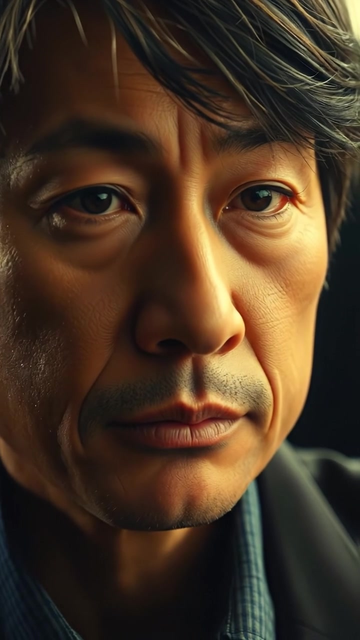A close-up of Hiro pondering thoughtfully with soft natural lighting illuminating his face, captured in high-detail photorealistic style. The shot features a gentle camera focus, emphasizing expression and subtle shadows, set against a neutral background with warm tones. The audio features soft ambient sounds.
