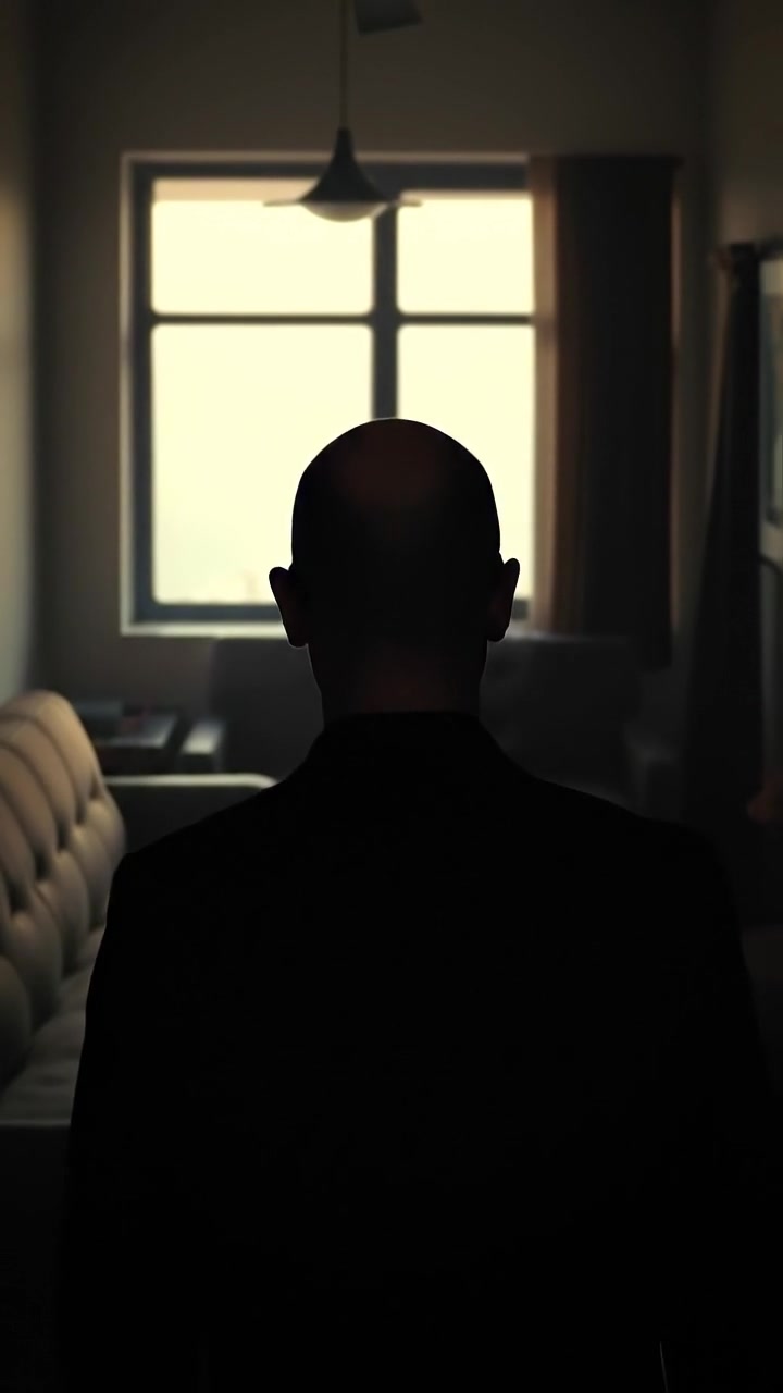 A shadowy figure standing in a dimly lit room, viewed from behind, captured in a realistic photographic style with soft shadows and subtle lighting emphasizing mystery. The scene has a cinematic, slow camera zoom that accentuates the figure's silhouette. The background features warm ambient tones. The audio features soft, ambient music.