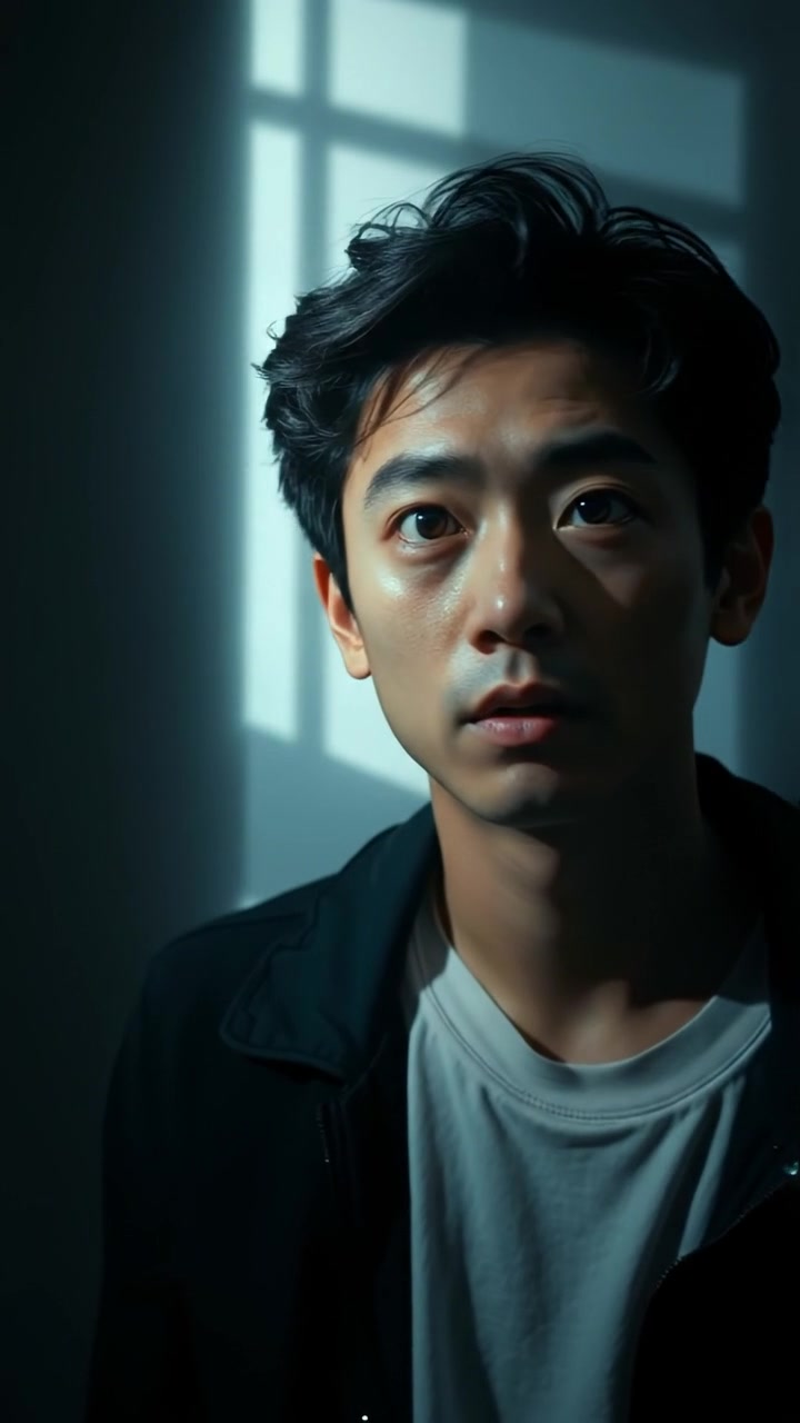 A photorealistic image of Ken appearing increasingly uneasy, with dramatic shadows cast behind him, captured in natural lighting with high detail, subtle camera focus, and smooth movement. The scene exudes a tense atmosphere with soft shadows and warm tones. The background audio features a tense, ambient soundtrack.