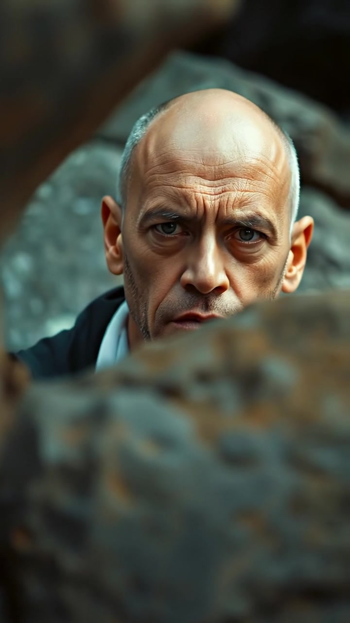 Photorealistic image of Carlos with a serious expression, peering from behind a large, textured rock in a natural outdoor setting, with soft shadows and warm tones. The scene features gentle sunlight highlighting his focused eyes. The background has lush foliage. The audio features subtle forest sounds and distant bird calls.