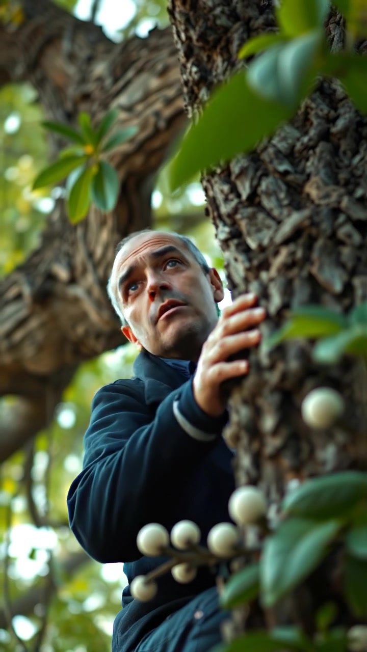 A photorealistic image of Carlos with an alarmed expression, climbing into a large, lush tree with dense foliage, peering nervously from the branches. Natural lighting with soft shadows, smooth camera motion emphasizing upward ascent, capturing the detailed bark and leaves. The audio features gentle rustling of leaves.
